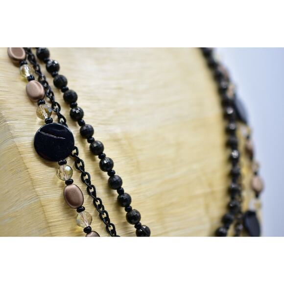CG Statement Necklace Black Beaded Bronze Faux Crystal Triple Strand Shiny Bin5 - Picture 5 of 12
